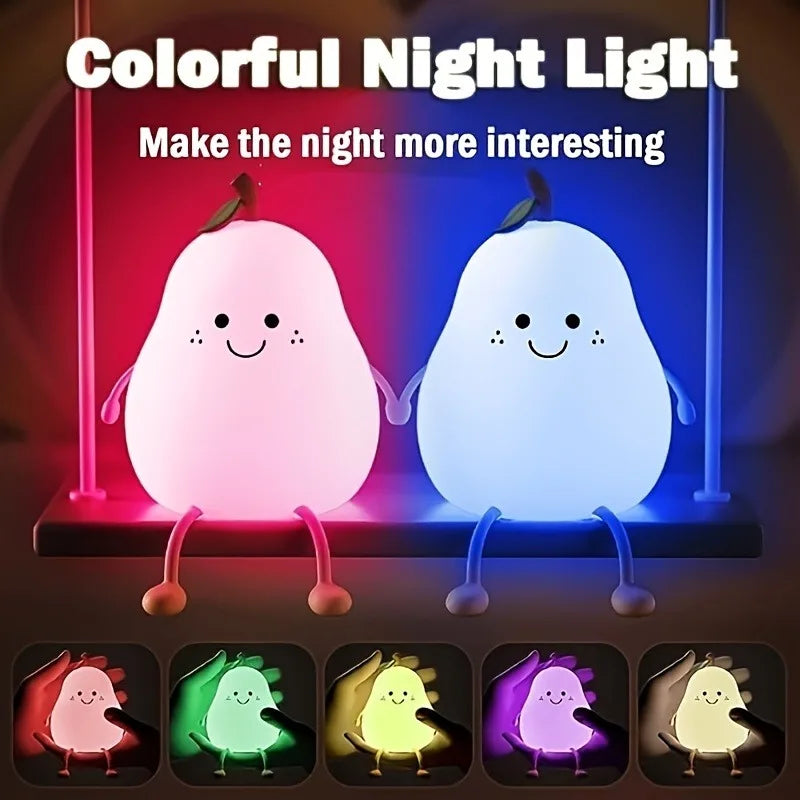 1pc Cute Pear Night Light 7-Color Dimmable Touch-Controlled Night Light Silicone Stress Reducing Pat Lamp USB Rechargeable