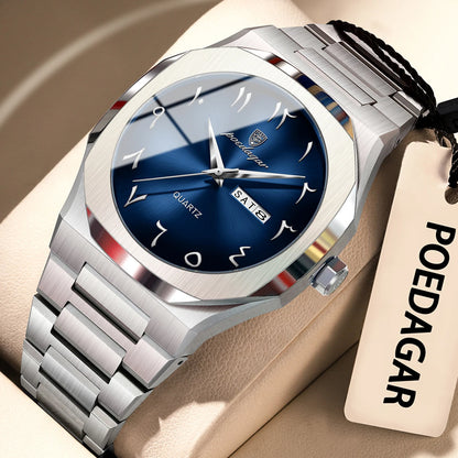 POEDAGAR Fashion High Quality Men Clock Date Week Waterproof Watch For Man Quartz Stainless Steel Luxury Men's Watches Reloj+Box