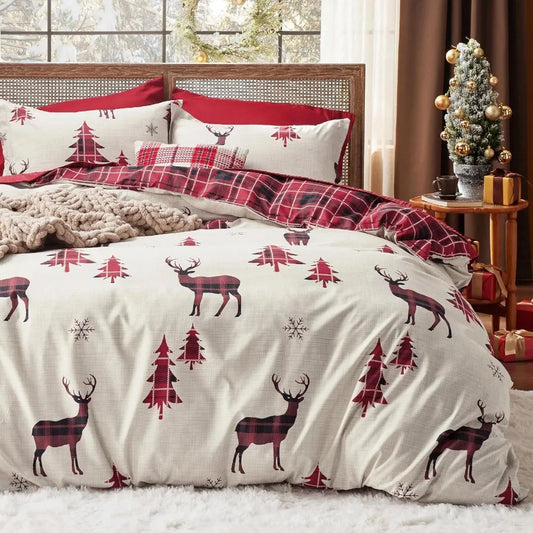 Christmas Duvet Cover Queen Reversible Buffalo Check Printed Plaid Bedding Set for Holiday Home Decor 3Piece Set with 2 Pillow