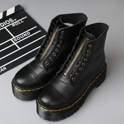 Women Boots Genuine Leather Platform Boots Motorcycle Shoes Front Zipper Optical Soles Fashion Sexy Punk Men Winter Boots 35-44