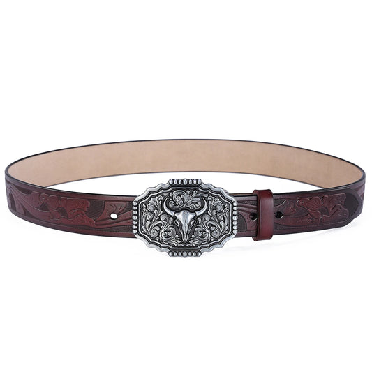 Western Leather Belt for Men & Women – Genuine Leather Cowboy/Cowgirl Belt with Big Letter Buckle, Gold | Black & Brown