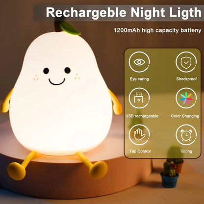 1pc Cute Pear Night Light 7-Color Dimmable Touch-Controlled Night Light Silicone Stress Reducing Pat Lamp USB Rechargeable