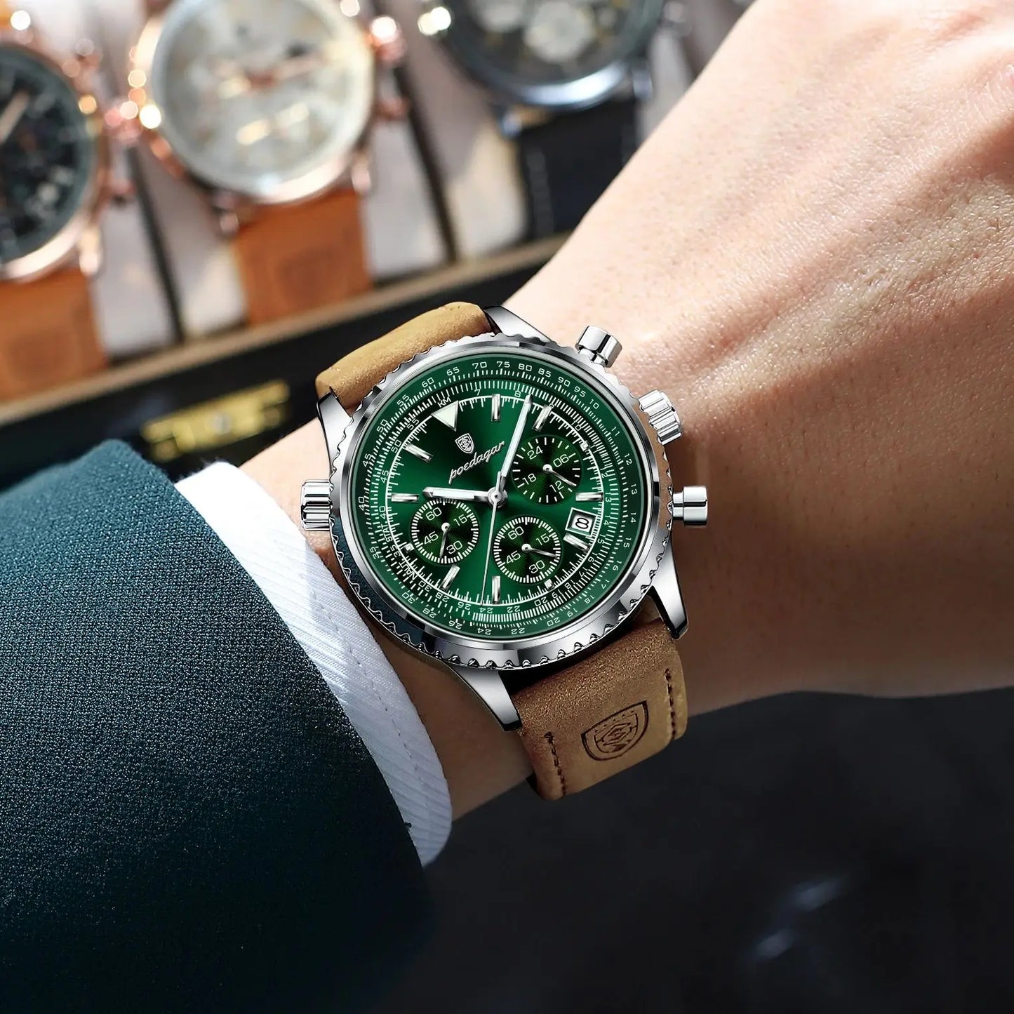 POEDAGAR Luxury Business Men's Watch Waterproof Luminous Date Chronograph Leather Man Clock Fashion Quartz Watches For Men Reloj