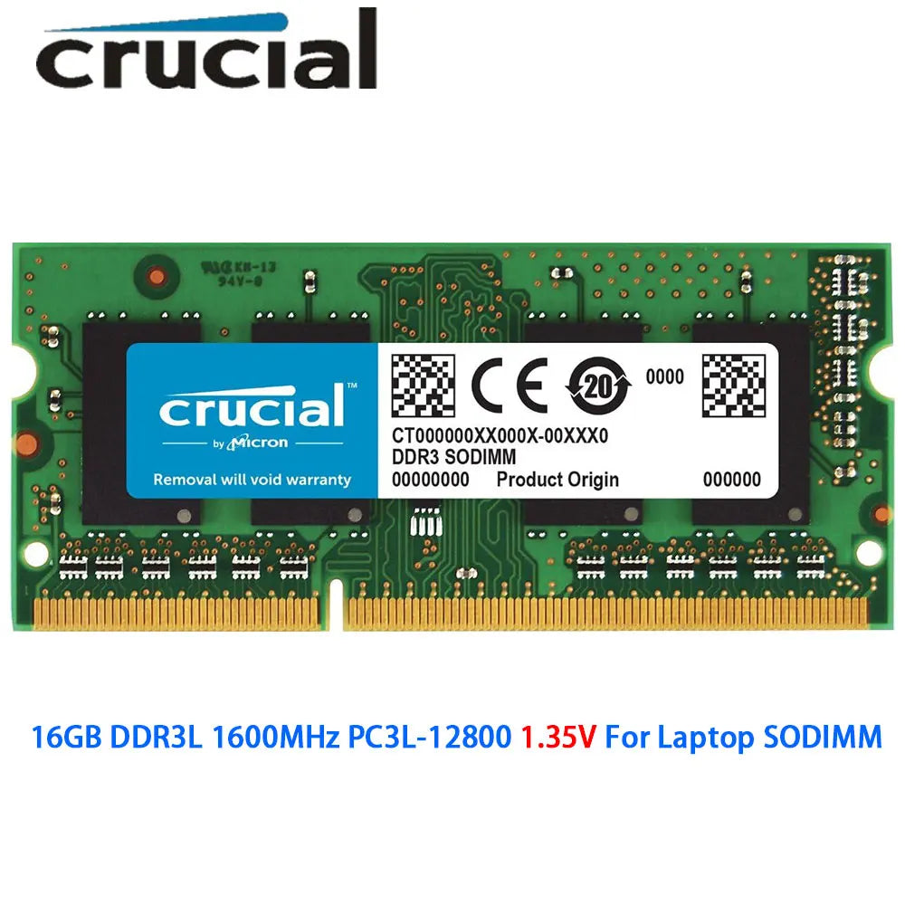 Crucial Memoria RAM DDR3L 16GB 1600MHz PC3L-12800S 204Pin 1.35V SODIMM Memory DDR3 16GB 1600MHz PC3-12800 Laptop Notebook RAMs