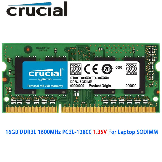 Crucial Memoria RAM DDR3L 16GB 1600MHz PC3L-12800S 204Pin 1.35V SODIMM Memory DDR3 16GB 1600MHz PC3-12800 Laptop Notebook RAMs