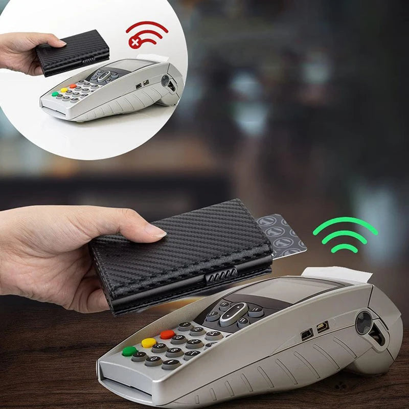 Carbon Fiber & Aluminum Men's Bifold Wallet - RFID Blocking Automatic Pop-Up Cardholder, Coin Compartments, Business Money Purse