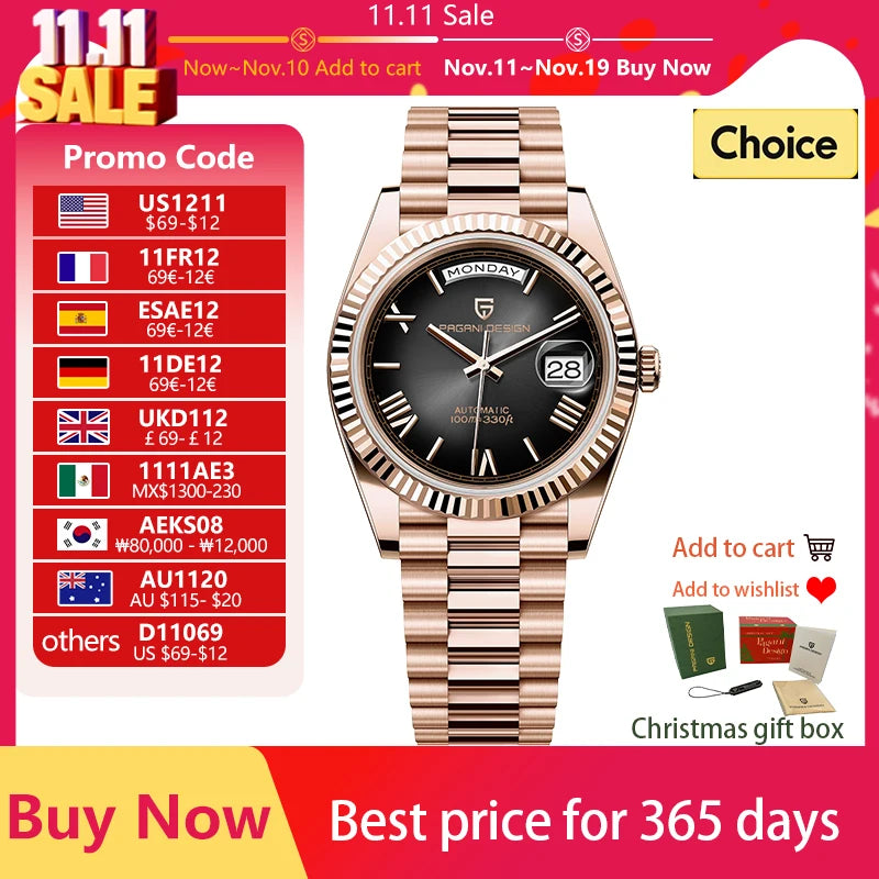 PAGANI DESIGN 2025 New Luxury Rose Gold DD40 Automatic Watch For Men NH36A Mechanical Wristwatch Men Stainless steel Waterproof