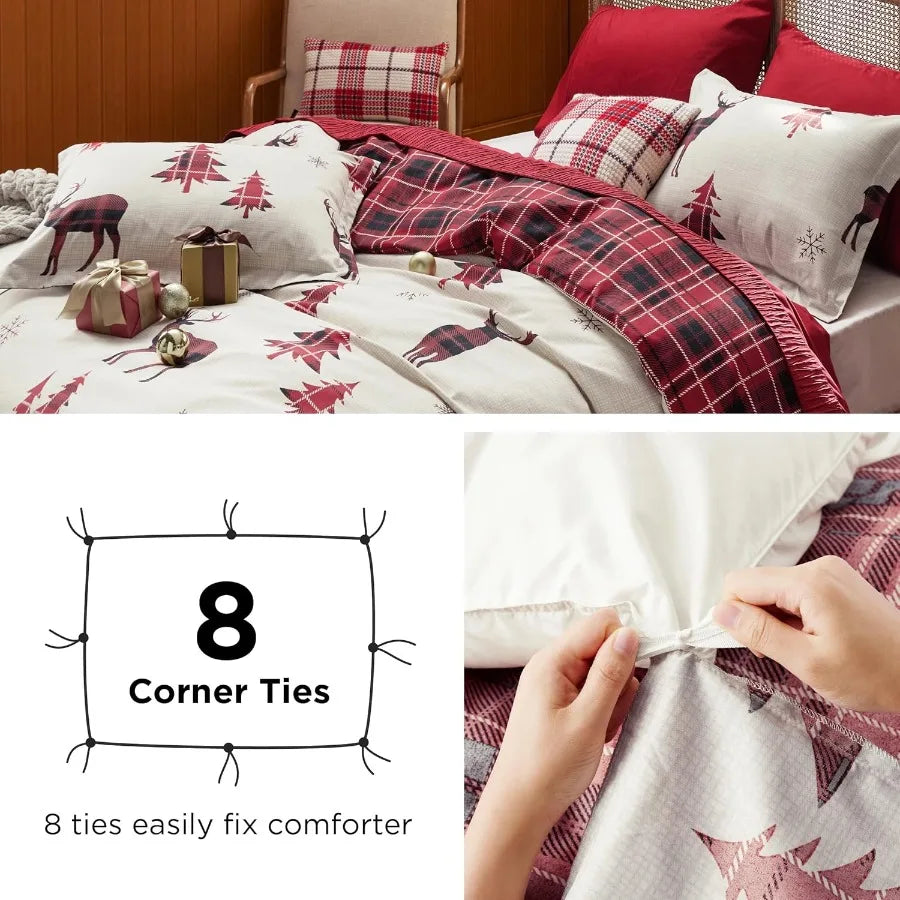 Christmas Duvet Cover Queen Reversible Buffalo Check Printed Plaid Bedding Set for Holiday Home Decor 3Piece Set with 2 Pillow