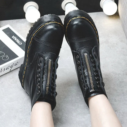 Women Boots Genuine Leather Platform Boots Motorcycle Shoes Front Zipper Optical Soles Fashion Sexy Punk Men Winter Boots 35-44