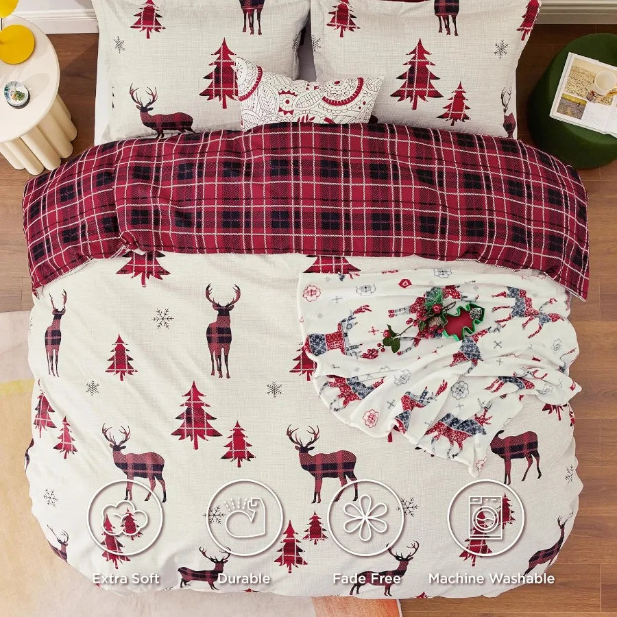 Christmas Duvet Cover Queen Reversible Buffalo Check Printed Plaid Bedding Set for Holiday Home Decor 3Piece Set with 2 Pillow