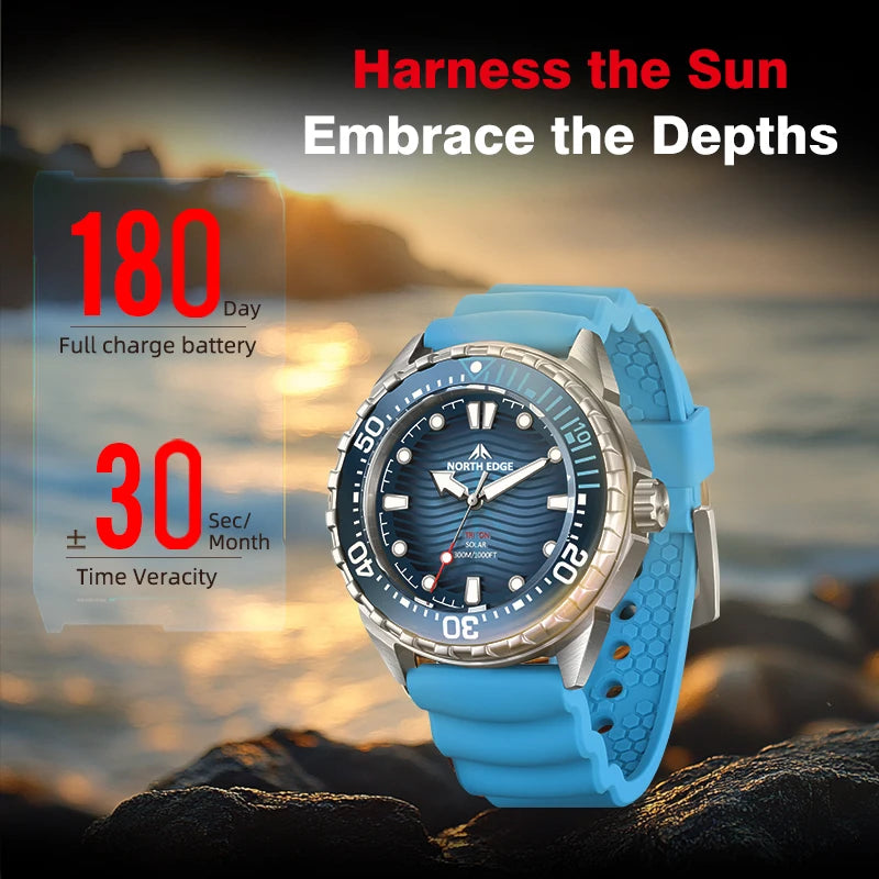NORTH EDGE TRITON New Solar Powered Diving Watch for Man Luxury Quartz Wristwatches 316L Stainless Steel Case 300M Waterproof