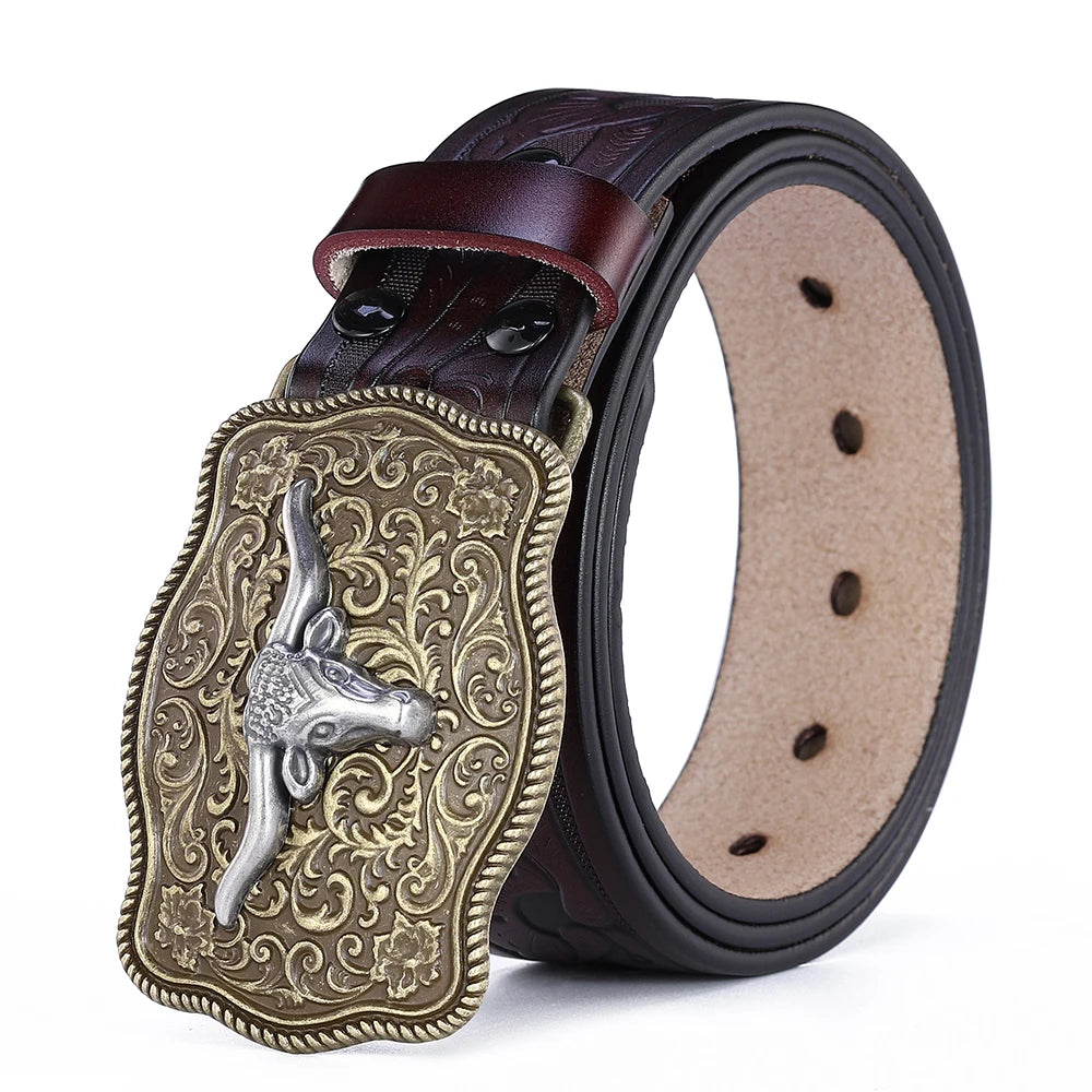 Western Leather Belt for Men & Women – Genuine Leather Cowboy/Cowgirl Belt with Big Letter Buckle, Gold | Black & Brown