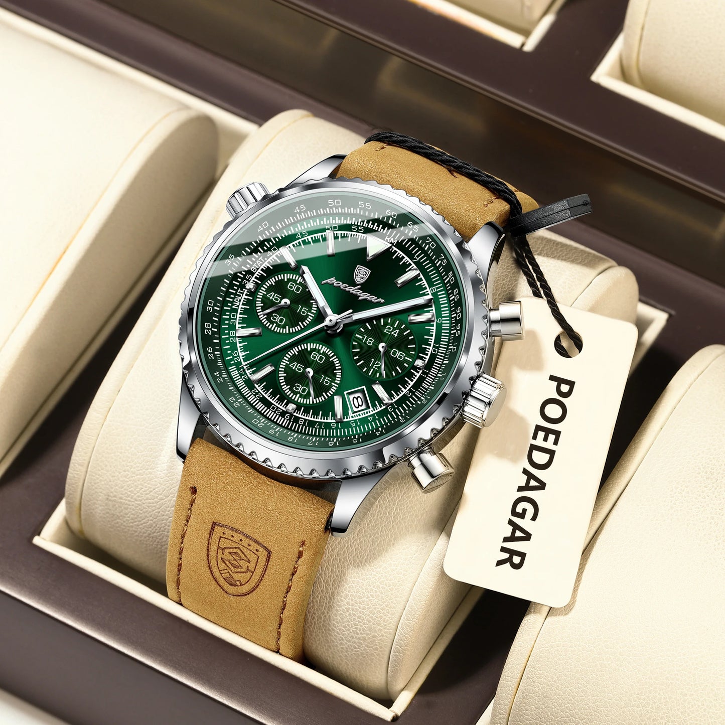 POEDAGAR Luxury Business Men's Watch Waterproof Luminous Date Chronograph Leather Man Clock Fashion Quartz Watches For Men Reloj