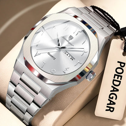 POEDAGAR Fashion High Quality Men Clock Date Week Waterproof Watch For Man Quartz Stainless Steel Luxury Men's Watches Reloj+Box