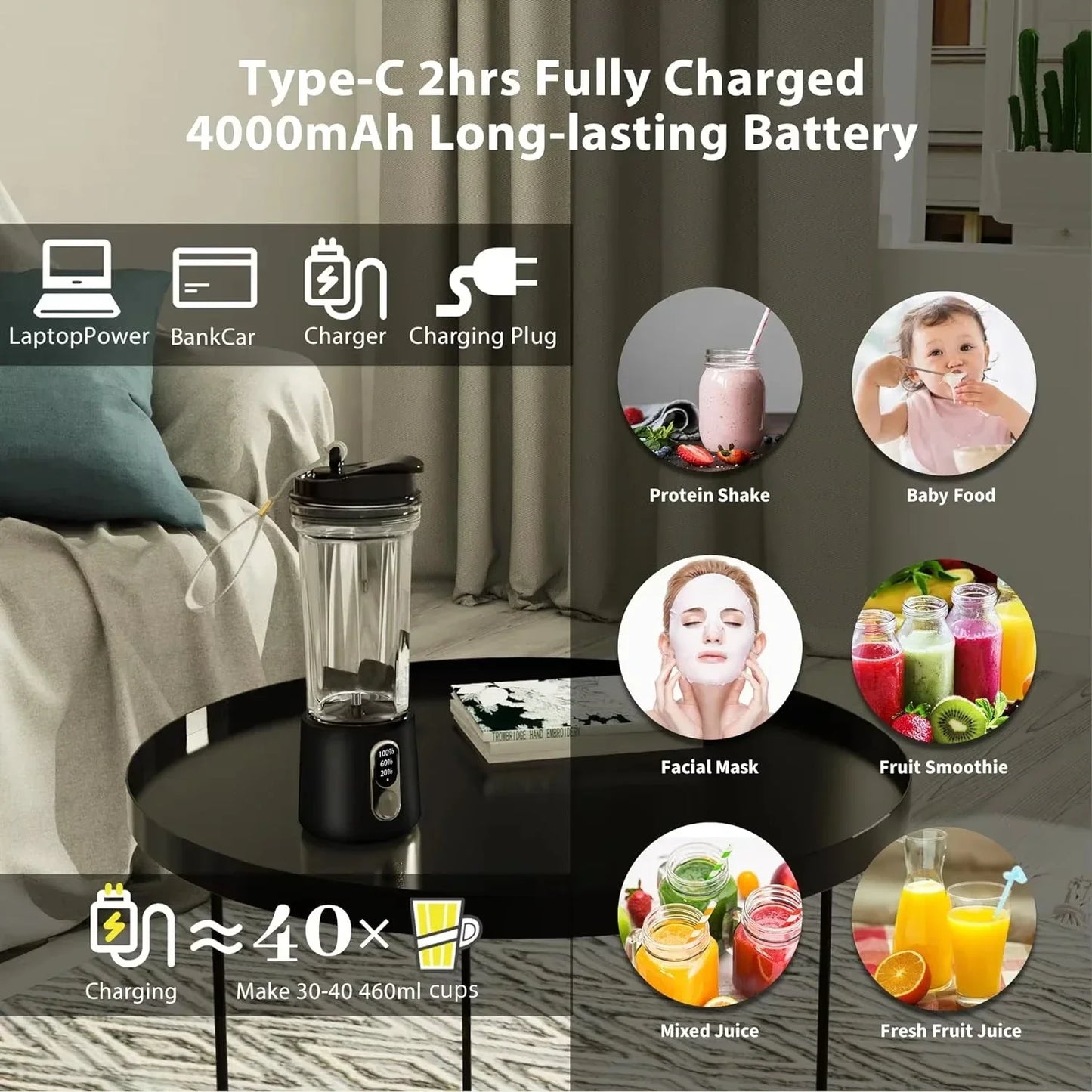 4000mAh Portable Juicer Dual Purpose Juice Cup 180W USB Outdoor Fresh Fruit Blender 4 Blade Smoothie Juice Cup Blender