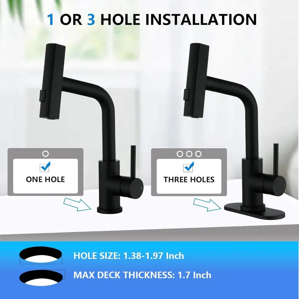 Modern Single Handle Pull Down Sprayer Bathroom Faucet with 3 Modes and Pop-Up Drain, Deck-Mounted Sink Mixer for Contemporary S