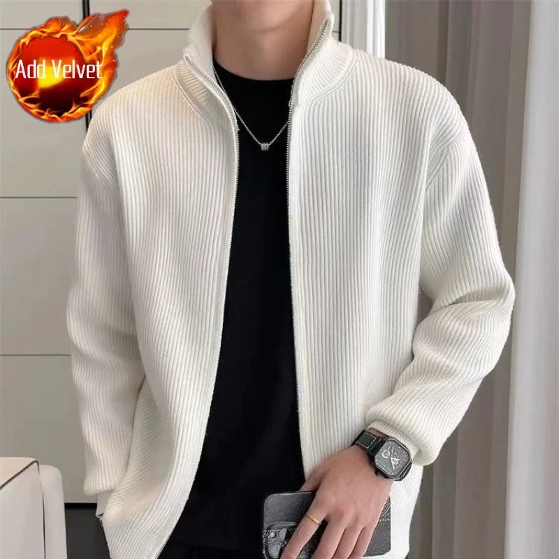 Men's Premium Knit Zip-Up Sweater - Thickened Warm Long Sleeve Pullover with Stand Collar, Autumn Winter Casual Outerwear