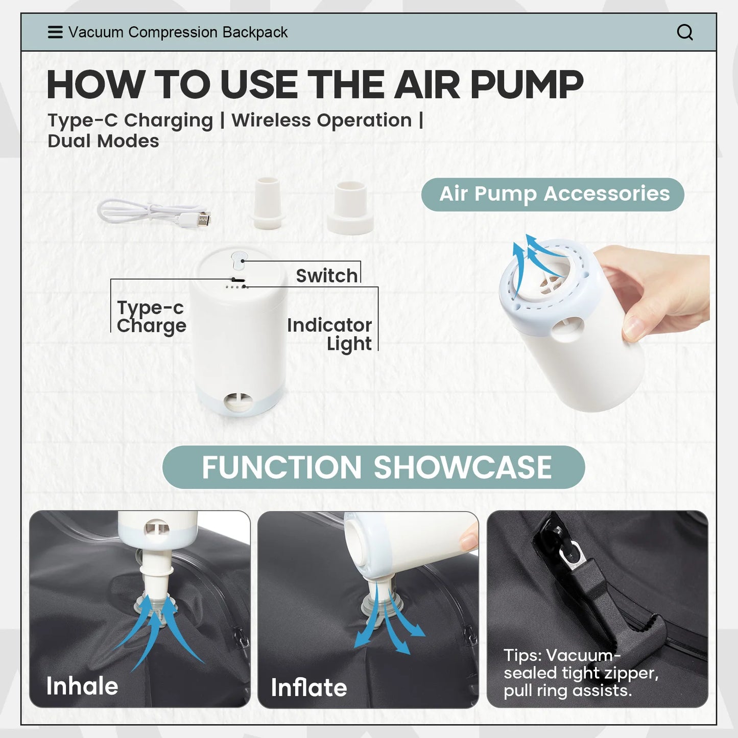 Large Vacuum Travel Backpack with Pump for Women Men, Personal Effects Carry-on Luggage Backpack 47x33x20cm,   Laptop School Bag