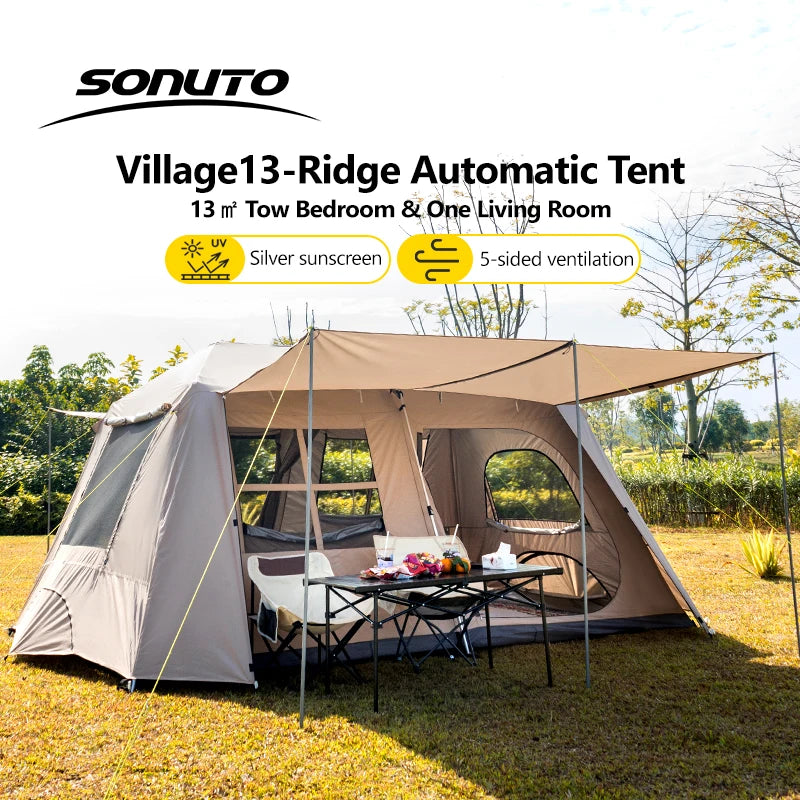 Sonuto Automatic Large Camping Tent 3-8 Person Quick Setup Double Hall Ridge Tent with Canopy for Outdoor Family Adventures