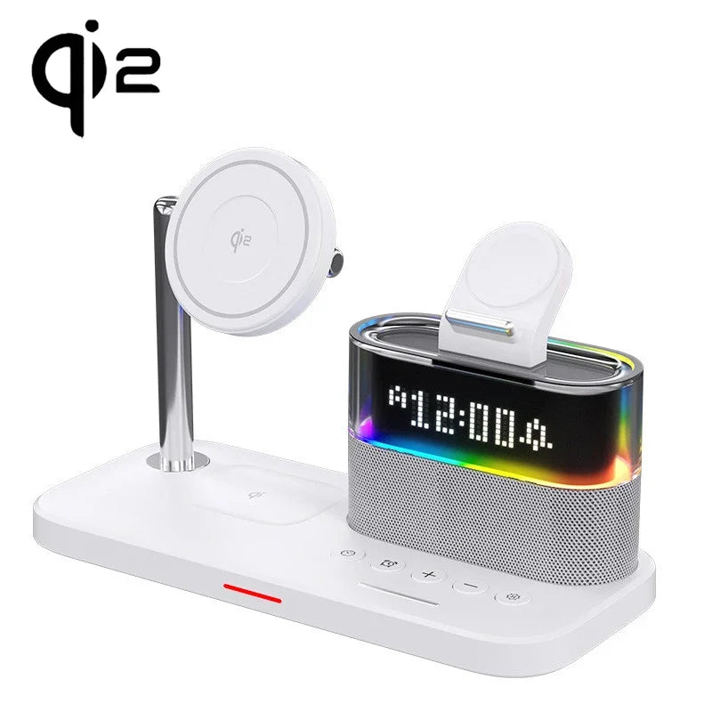 Qi2 5 In 1 Magnetic Wireless Charger Stand LED Night Light Alarm Clock for Samsung iPhone IWatch Airpods Fast Charging Station