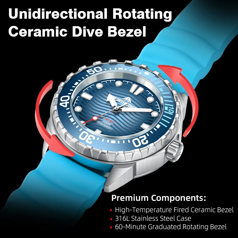 NORTH EDGE TRITON New Solar Powered Diving Watch for Man Luxury Quartz Wristwatches 316L Stainless Steel Case 300M Waterproof