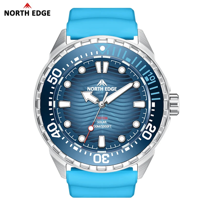 NORTH EDGE TRITON New Solar Powered Diving Watch for Man Luxury Quartz Wristwatches 316L Stainless Steel Case 300M Waterproof