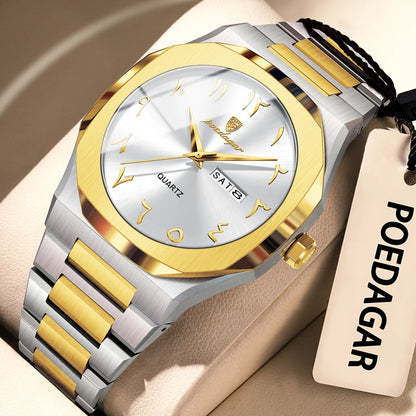 POEDAGAR Fashion High Quality Men Clock Date Week Waterproof Watch For Man Quartz Stainless Steel Luxury Men's Watches Reloj+Box