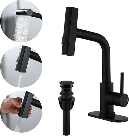 Modern Single Handle Pull Down Sprayer Bathroom Faucet with 3 Modes and Pop-Up Drain, Deck-Mounted Sink Mixer for Contemporary S