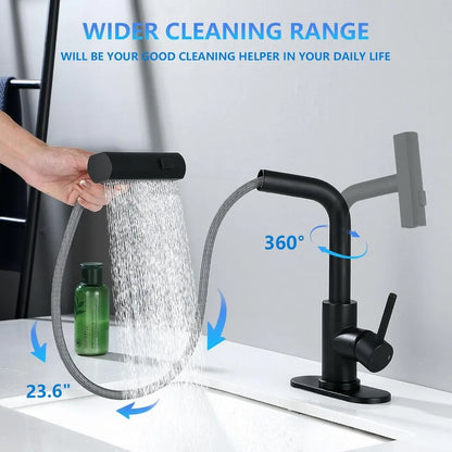 Modern Single Handle Pull Down Sprayer Bathroom Faucet with 3 Modes and Pop-Up Drain, Deck-Mounted Sink Mixer for Contemporary S
