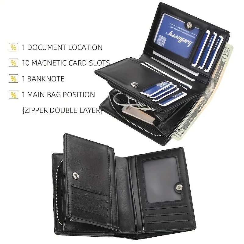 New Men PU Leather Short Wallet with Zipper Coin Pocket Vintage Big Capacity Male Short Money Purse Card Holder