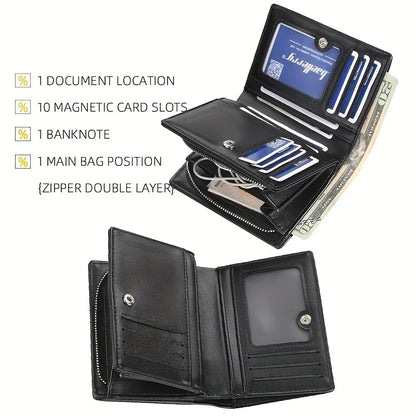 New Men PU Leather Short Wallet with Zipper Coin Pocket Vintage Big Capacity Male Short Money Purse Card Holder