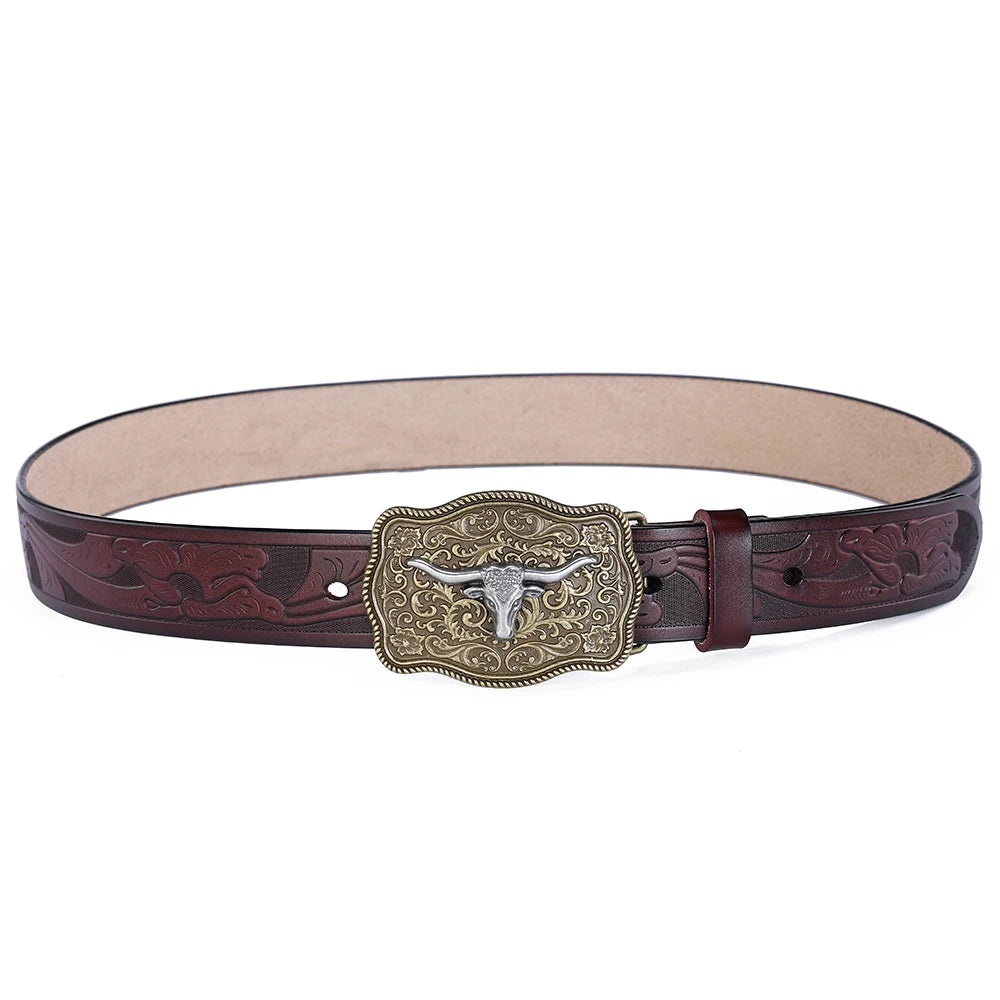 Western Leather Belt for Men & Women – Genuine Leather Cowboy/Cowgirl Belt with Big Letter Buckle, Gold | Black & Brown