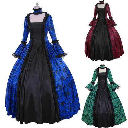 New Women's Retro Long Sleeve Dress Medieval Victorian Court Lace Stitching Dress Gothic Dress Cosplay Party Costume S-5XL