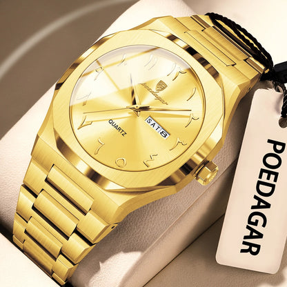 POEDAGAR Fashion High Quality Men Clock Date Week Waterproof Watch For Man Quartz Stainless Steel Luxury Men's Watches Reloj+Box