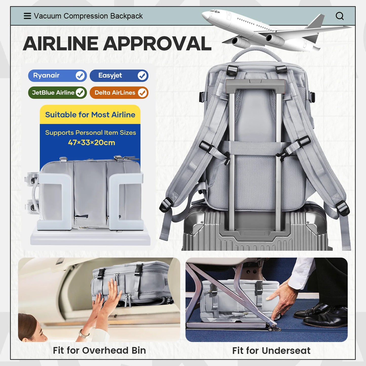 Large Vacuum Travel Backpack with Pump for Women Men, Personal Effects Carry-on Luggage Backpack 47x33x20cm,   Laptop School Bag