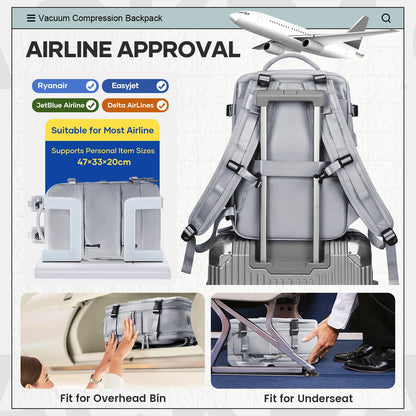 Large Vacuum Travel Backpack with Pump for Women Men, Personal Effects Carry-on Luggage Backpack 47x33x20cm,   Laptop School Bag