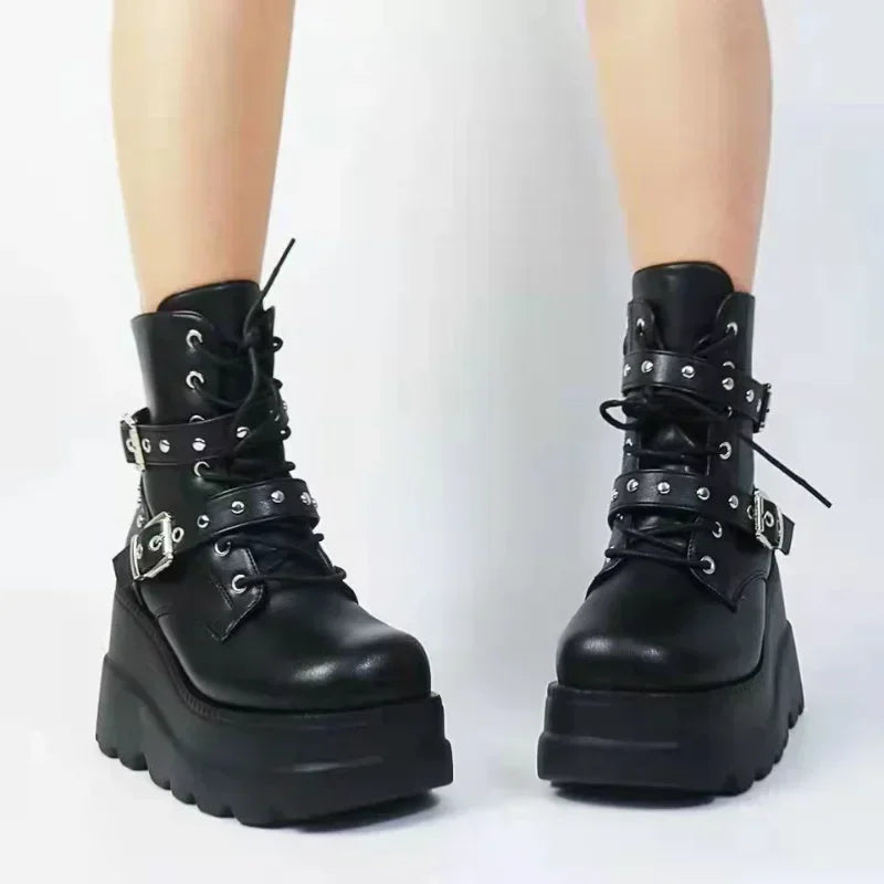 New Women Pu Leather Ankle Booties Woman Autumn Winter Round Toe Lace Up Shoes Woman Motorcycle Platform Gothic Boots Cosplay