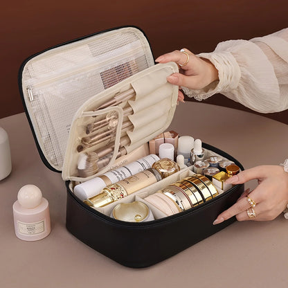 PU Leather Double Layer Makeup Bag Large Capacity Cosmetic Bags Luxury Cosmetics Organizer Women's Travel Essentials