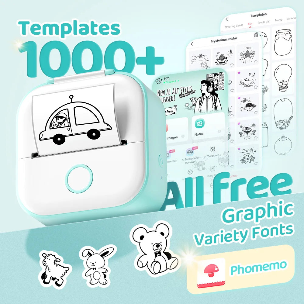 Phomemo T02 Mini Thermal Printer Wireless Mini Pocket Printer, Adhesive Sticker Printer for DIY, Journal, Student Birthday Gift