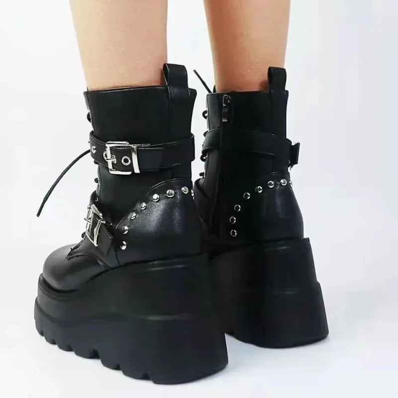 New Women Pu Leather Ankle Booties Woman Autumn Winter Round Toe Lace Up Shoes Woman Motorcycle Platform Gothic Boots Cosplay