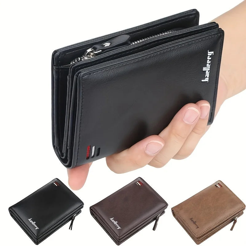 New Men PU Leather Short Wallet with Zipper Coin Pocket Vintage Big Capacity Male Short Money Purse Card Holder